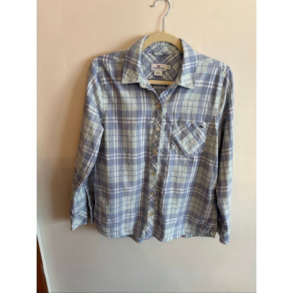 Vineyard Vines Pastel Blue Green Checkered Flannel Button Up Size 8 Cotton